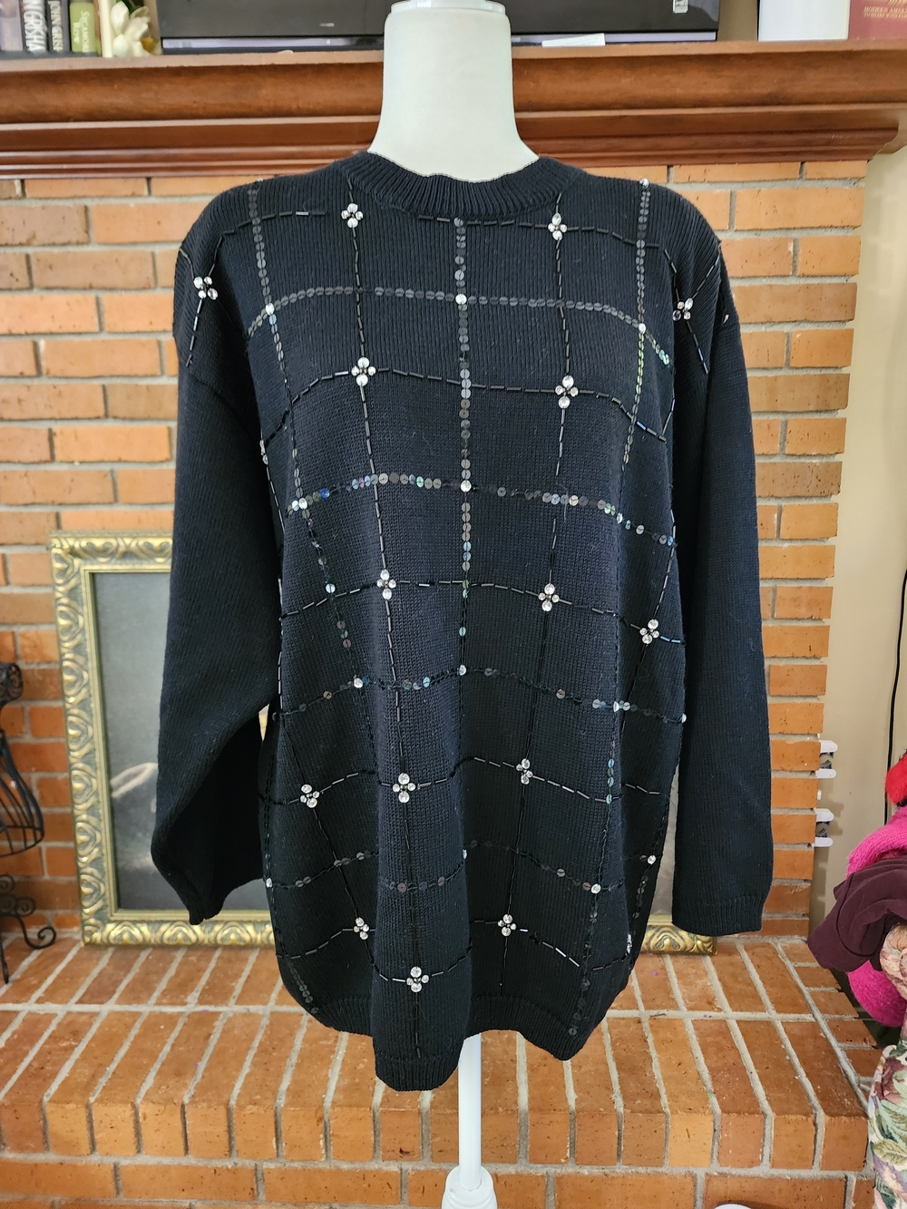 Leslie Fay Black Sequin & Rhinestone Grid Crewneck Sweater 2x
